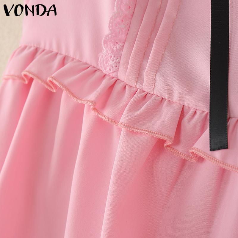 VONDA Women Naval Collar Sleeveless Crochet Hem Slim Waist Pleated Dress