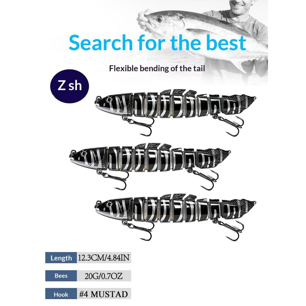 Eight-section bionic pike lure with realistic swimming action. Sharp hooks for solid hooksets, ideal for catching aggressive freshwater predators.