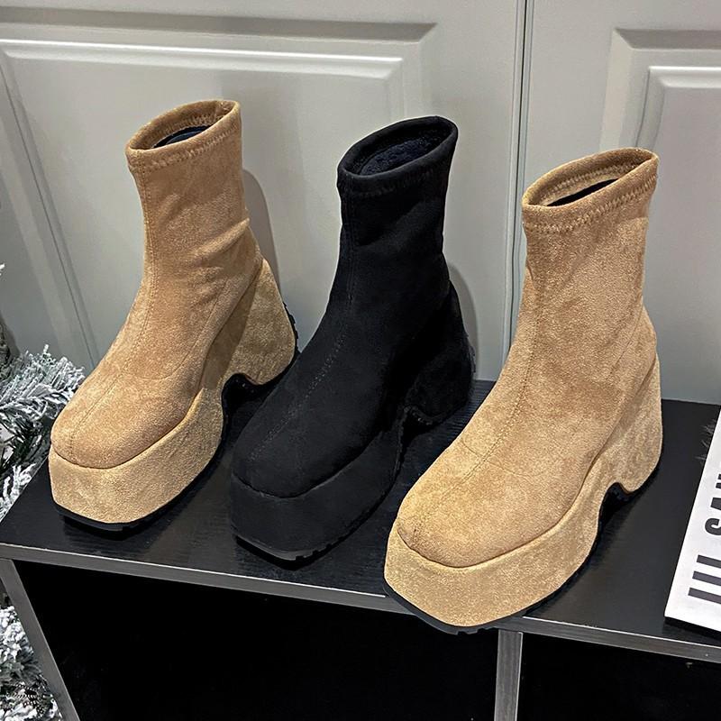 Black Elastic Short Thin Boots Women's 23 New Waterproof Table Martin Boots Autumn and Winter High-heeled Socks Boots