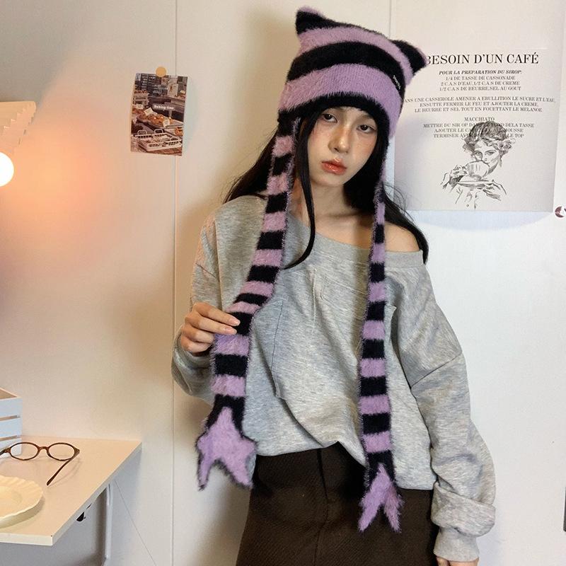 Y2K Subculture  Girl Sweet Cool Style Hat Star Striped Plush Knitted Hat