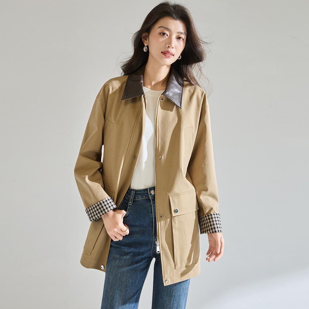 26 Spring and Summer New Retro Temperament Trench Coat Barn Style Contrasting Color PU Leather Lapel Plaid Splicing Jacket 29074