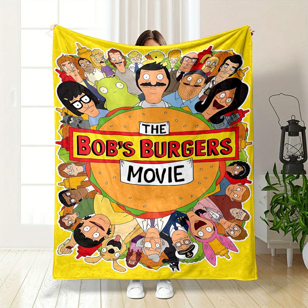 Collage of Cartoon Characters Surrounding a Burger On a Yellow Background. for All Seasons Blanket Lunch Break Throw Gift