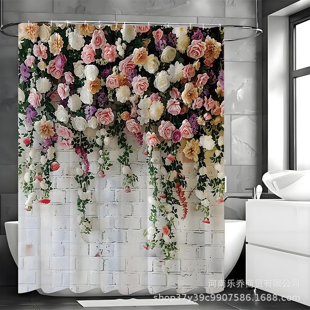 Elegant Floral Shower Curtain Set - Four-Piece, Moisture & Mildew-Proof, No Drilling Needed