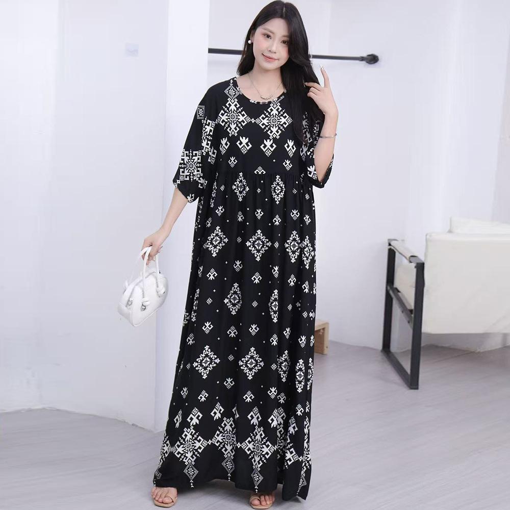 South East Asia 100kg super fat dress fat girl plus short sleeve maternity dress loose floral beach long skirt