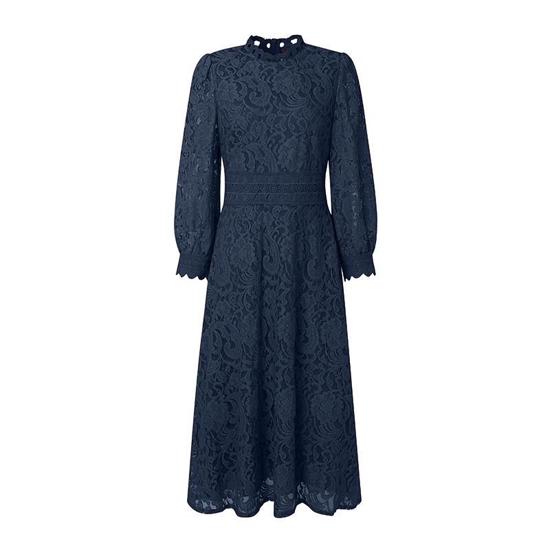 ZANZEA Women Casual Stand Collar Long Sleeve Lace Crochet Patchwork Long Dress