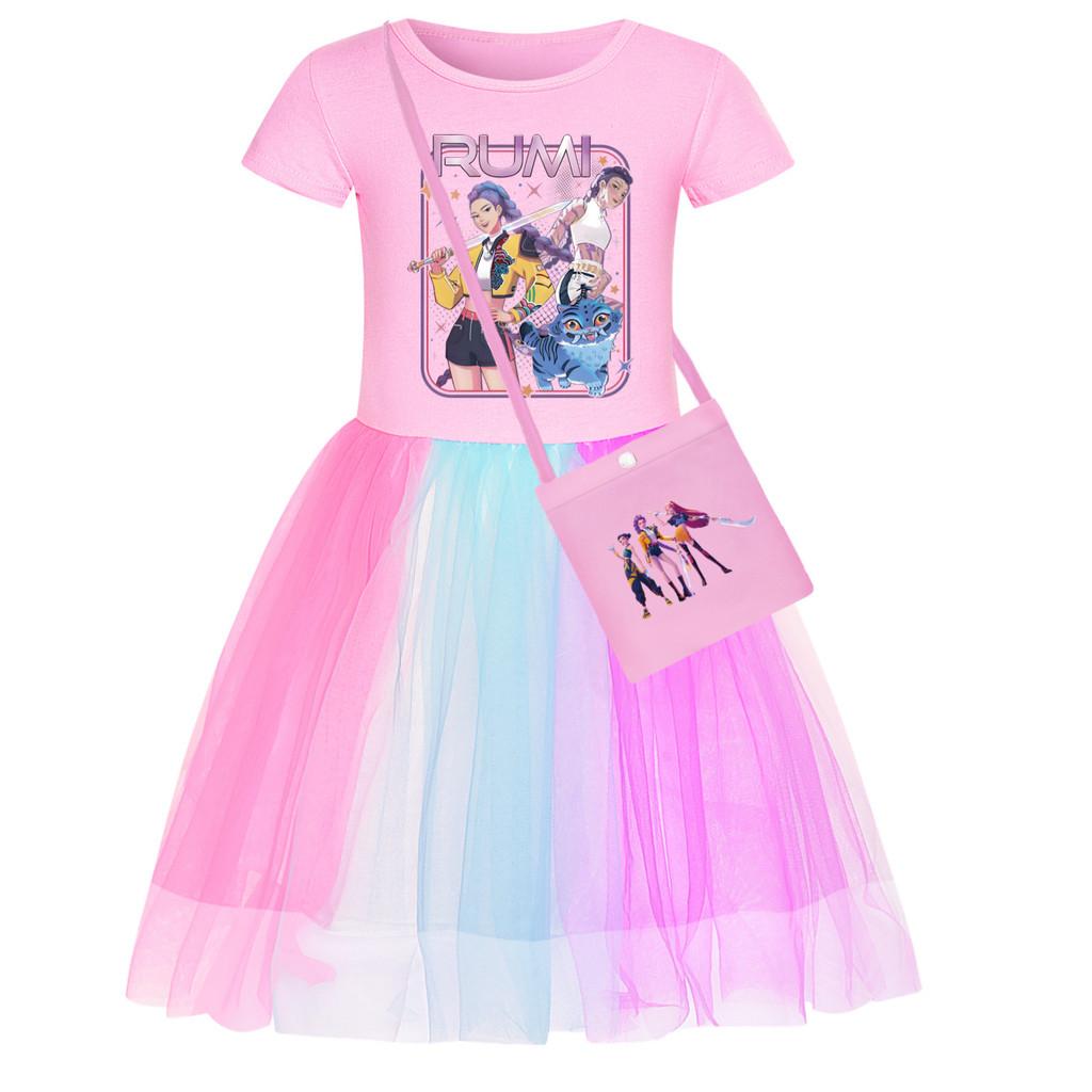 Kpop Demon Hunters Pattern Girl Dress With Cotton Fabric And Pleated Skirt For Kids Girls
