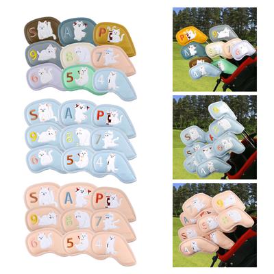 9Pcs Golf Iron Head Cover Cat Pattern PU Protective Case Waterproof Golf Rod Head Protector Headcover Golf Club Covers