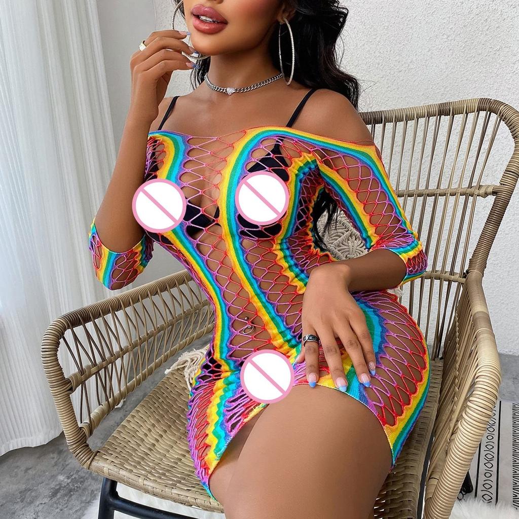 Women's Plus Size Lingerie Women Sexy Lingerie High Elastic Mesh Rainbow Swimsuit Hollow Fishing Net Sexy Tight Color