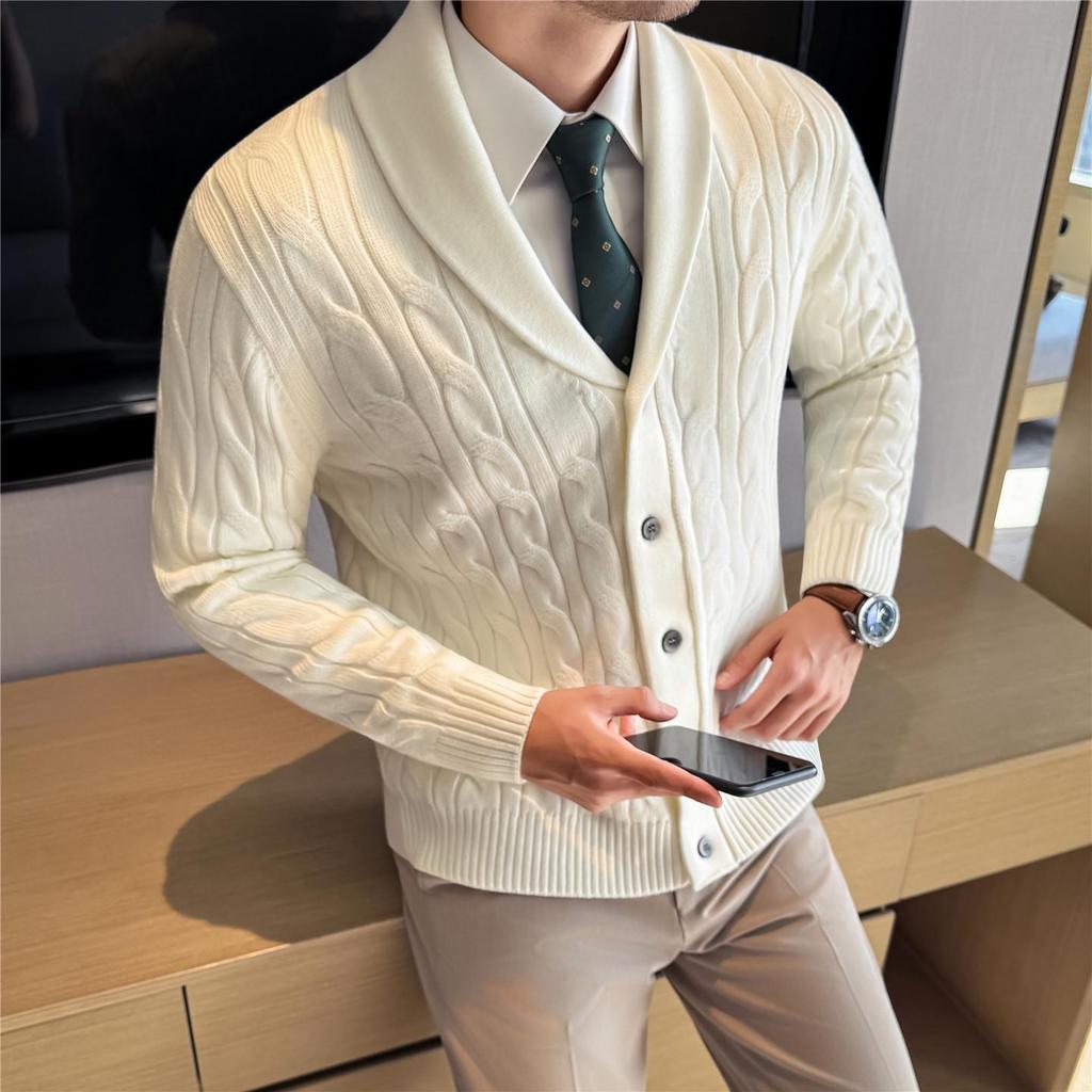 Men's High-End Cable Knit Cardigan Sweater - Light Luxury Old Money Style for Autumn and Winter.