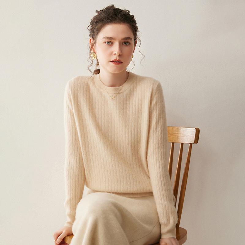 Women's Cashmere Round Neck Cable Knit Sweater - Soft, Comfortable, and Versatile for Autumn and Winter