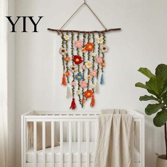 Crochet Flower Hanging Decor Bohemian Tapestry, Handmade Tassels Rustic Home Decoration with Wooden Stick, Living Room Bedroom Wall Art Soft Yarn