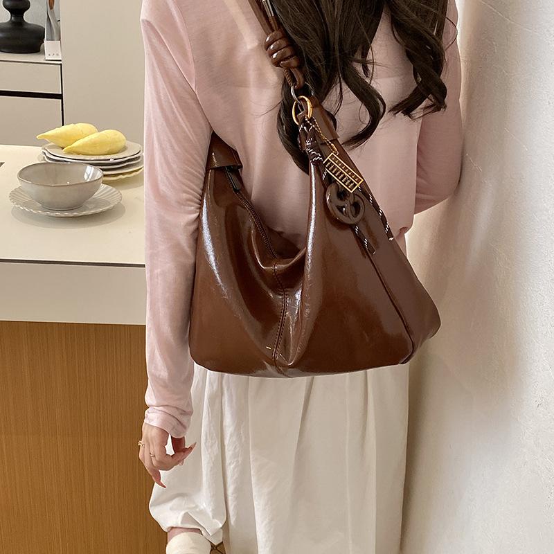 Glossy Faux Leather Hobo Bag for Women with Knotted Handle Soft Shoulder Bag for Everyday Use Casual Outings