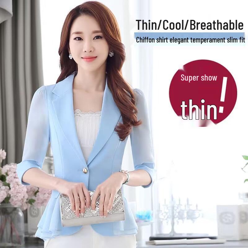 

Женский шифоновый блейзер с оборками: Легкий облегающий костюм на одной пуговице с рукавами 3/4 для весны и осени. XXXL синий