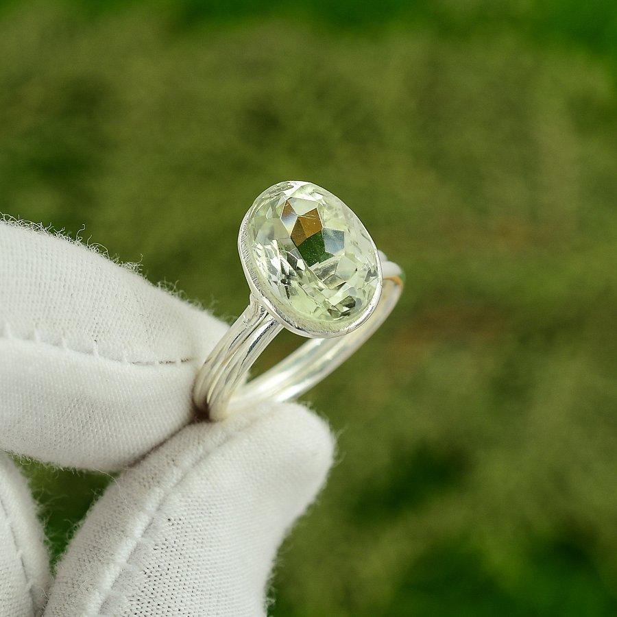 Распродажа ко Дню матери Кольцо-солитер из стерлингового серебра с натуральным зеленым аметистом Размер 8.75 8.75