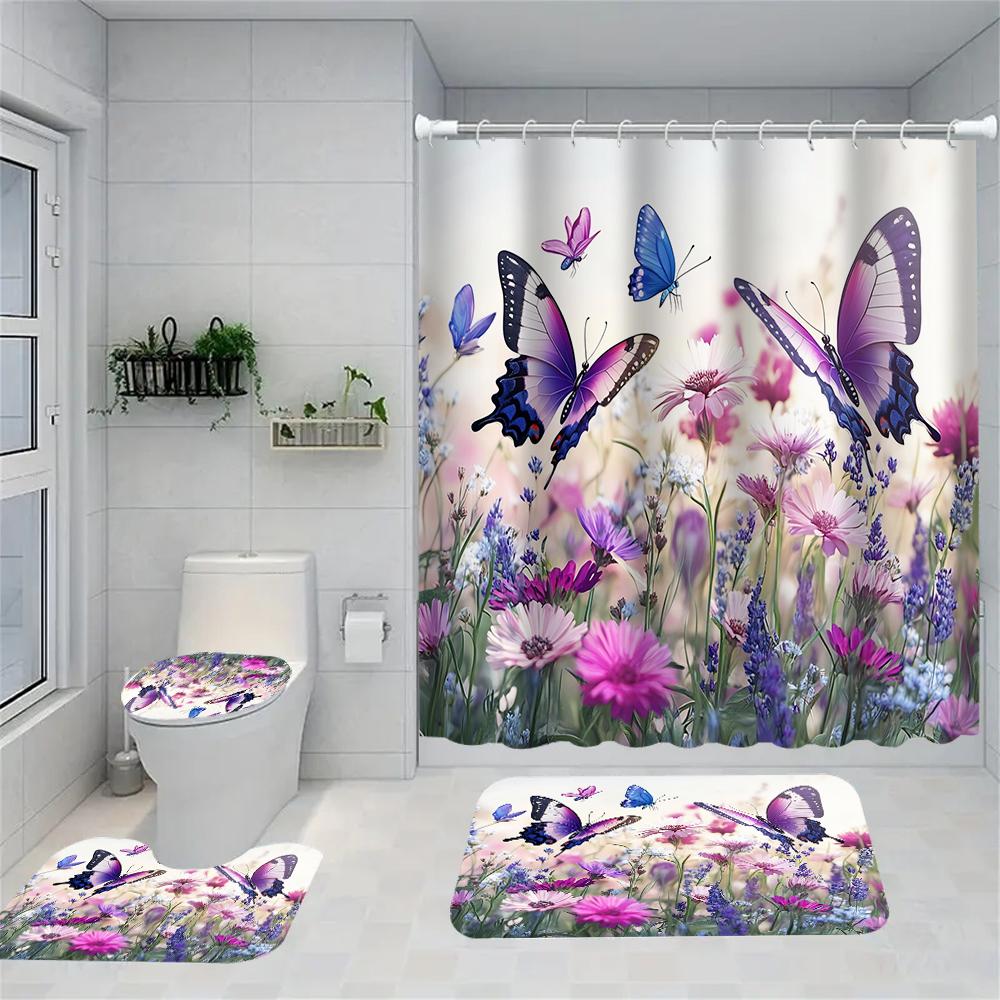1/4 Flowers and Plants Print Shower Curtains, Toilet Seat Decoration, Shower Curtain with Carpet and Toilet Lid, 70.8x70.8 Inch