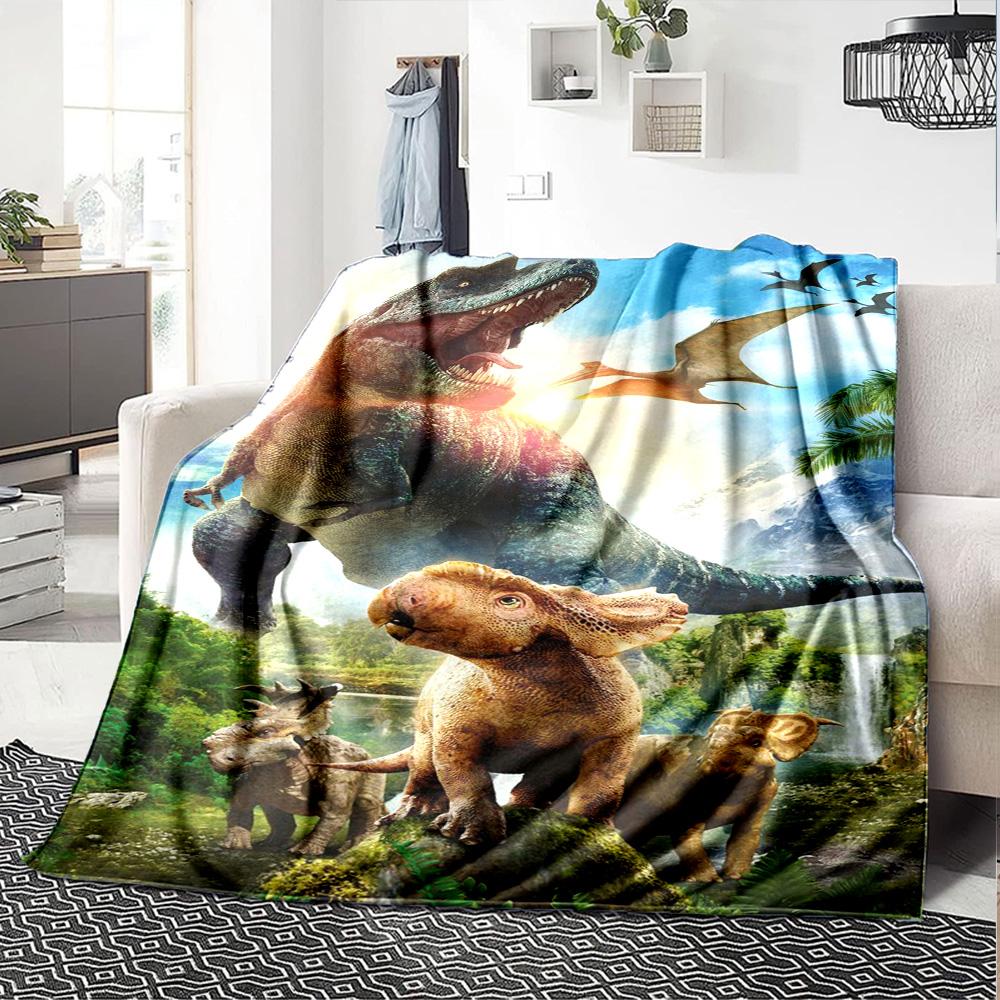 Realistic T‑Rex Triceratops Dinosaur Scenery Print Flannel Blanket Soft Warm Throw Blanket for Sofa Bed Living Room