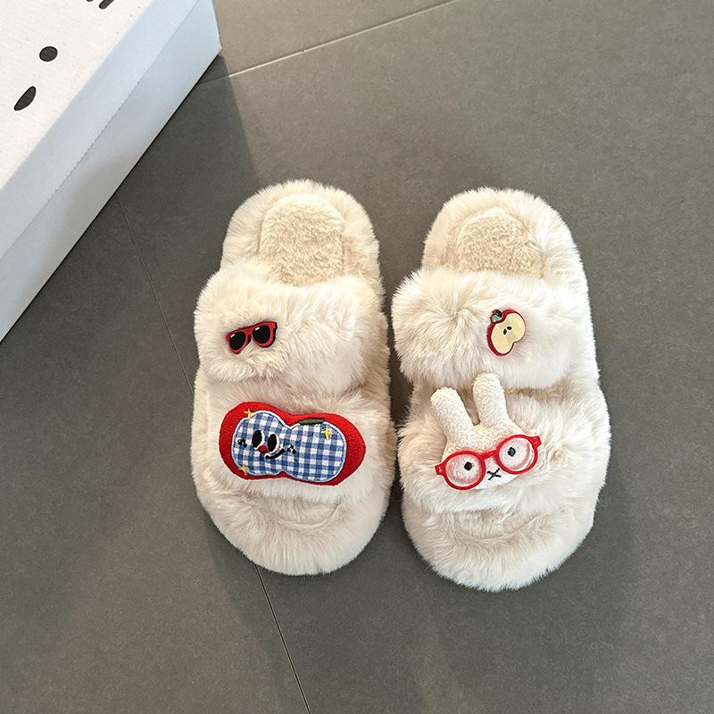 Cute cartoon fluffy slippers for women to wear autumn and winter new retro versatile cotton slippers thick-soled fluffy shoes
