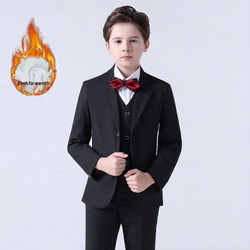 Boy's Formal Ensemble: Fleece White Shirt, Black Suit Pants, Vest, Page Boy Overalls, Performance Costume