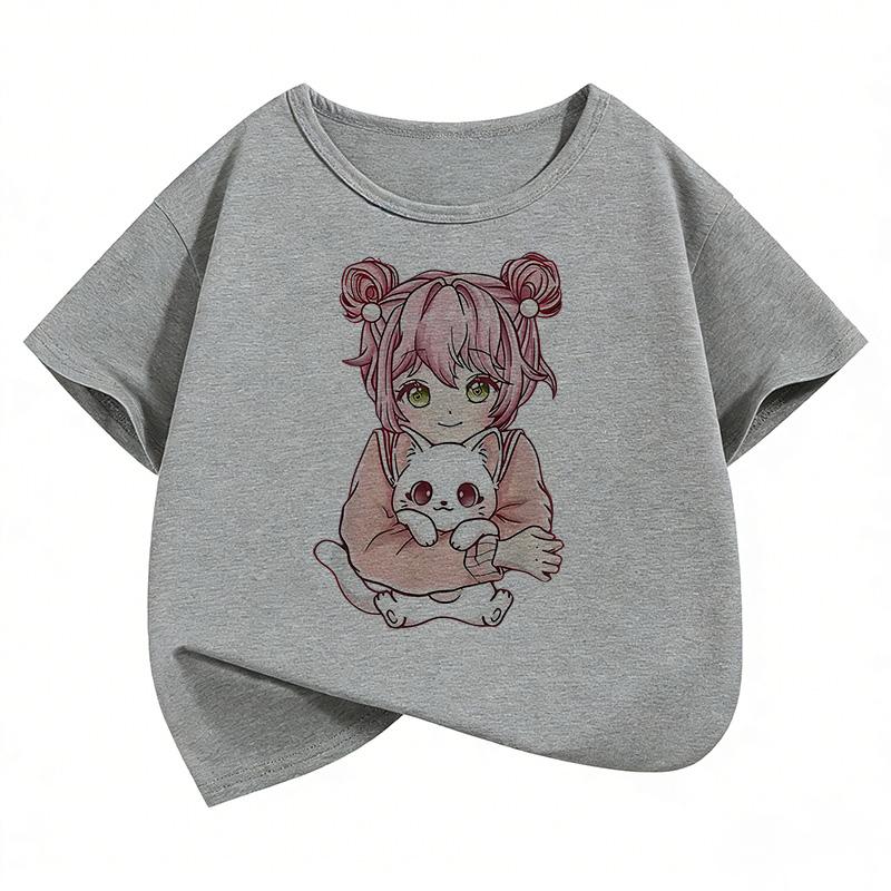 Japanese Anime Style Girl with Cat Design T Shirts Manga Kids Childrens Tshirt Boys Girls Summer Spring Casual Top Tee Shirt
