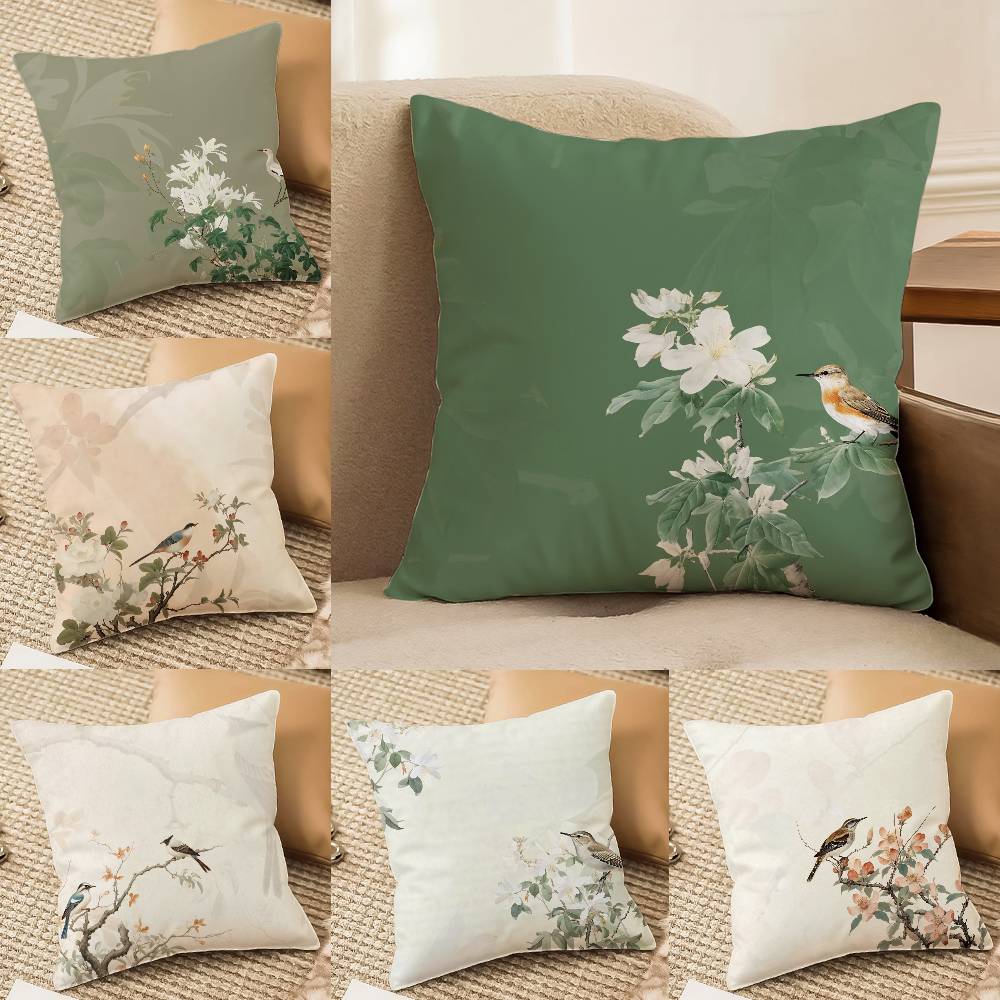 Chinese Style Simple Bird Flowers Pillow Case Comfort Sofa Bed Silky Elegant Invisible Zipper Decorative Cushion Cover