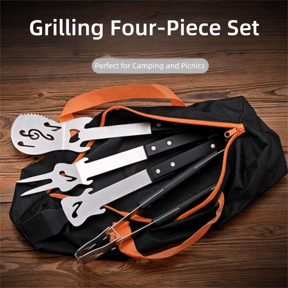 Stainless Steel Grilling Tool Set Wooden Handle Combination BBQ Shovel Fork Clamp Silicone Brush Comfortable Grip