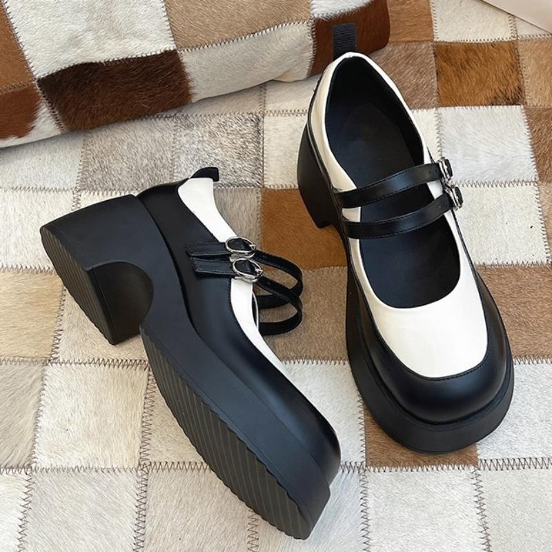 Korean Version Thick Heel Thick Heel Elevated Increase Womens Shoes 2024 New All-match Mary Jane Small Leather Shoes Summertime