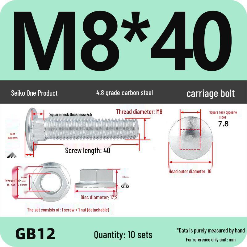 Galvanized Semicircular Head Square Neck Bolt & Nut Set for Cable Tray (Sizes: M4-M12)