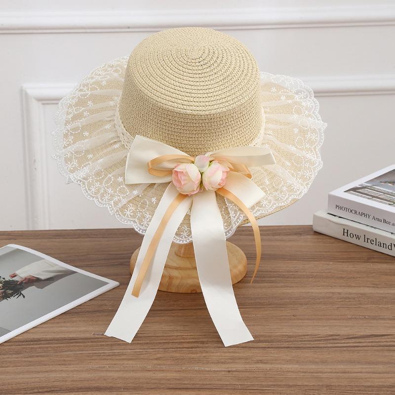 Summer Bow Sun Hat Female, Seaside Beach Vacation Sun Hat Outdoor Big Brim Sun Hat Sweet Straw Hat