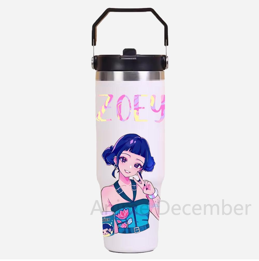 30Oz K-Pop Portable Car Cup Stainless Steel Thermos Cup with Straw Travel Sports Water Bottle with Handle Cover Coffee Vacuum Flask