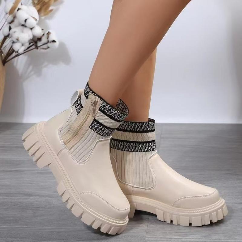 Fashion New Patchwork Pu Leather Ankle Boots Women Fashion Chunky Platform Chelsea Boots Woman Elastic Knitted Short Booties