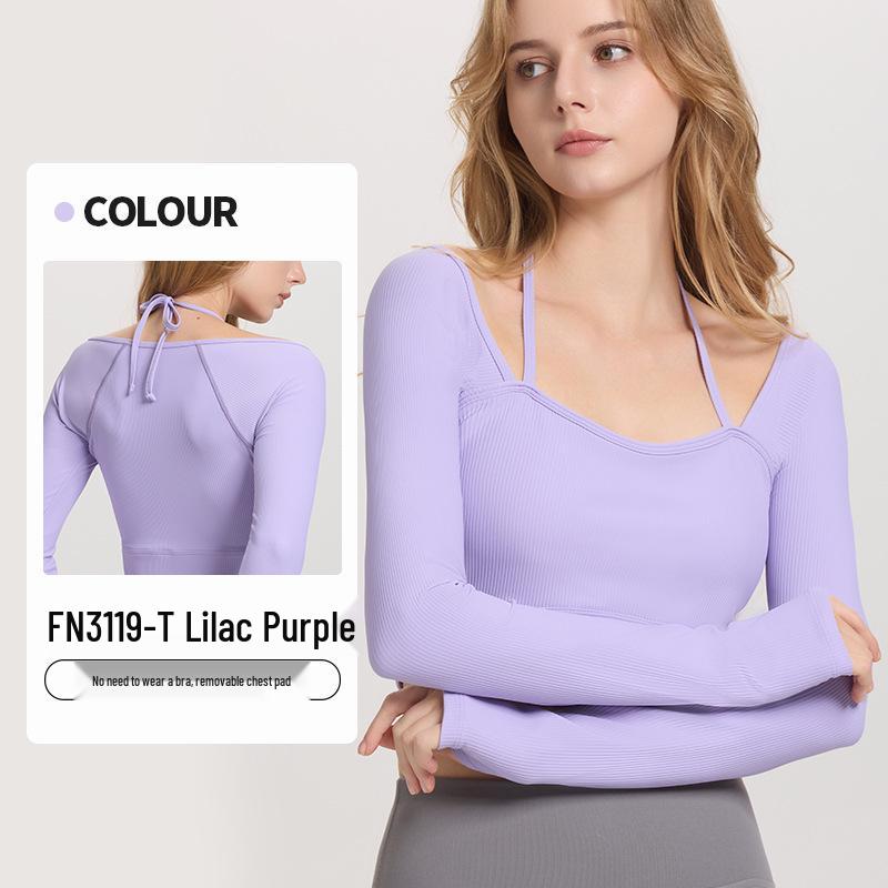 Women's Ribbed Halter Neck Yoga Top with Long Sleeves and Pads - High Elastic Cropped Fitness Top for Autumn/Winter