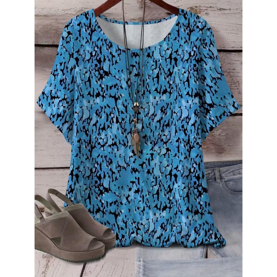 XL-7XL Plus Size Women's Gradient Casual 3D Print Loose V Neck Short Sleeved T-shirt Top