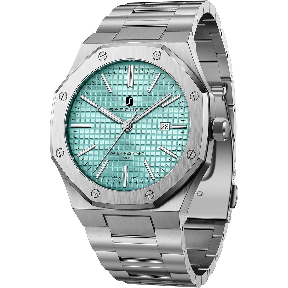 SAPPHERO Men s Chronograph Watch Stainless Steel 50M Water Resistant Analog Date Display Silver Mint Green