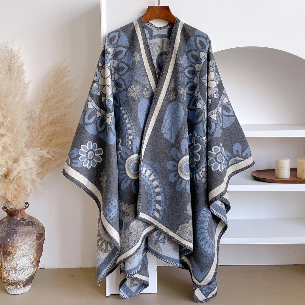 Fashion Women'S Winter Warm Cashmere Shawl - Floral Oil Painting Printed Pashmina Thick Wrap, Poncho & Echarpe