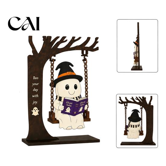 Halloween Celebration Accessories Funny Swing Ornament, Witch/Skeleton/Mummy/Pumpkin Ghost Sitting on Reusable Theme Props Reading Book Figurine