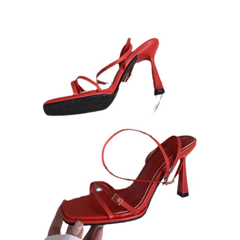 2025 spring and autumn new fashion thin strap square head sandals European and American style fine heel high heel buckle open-toed women's shoes