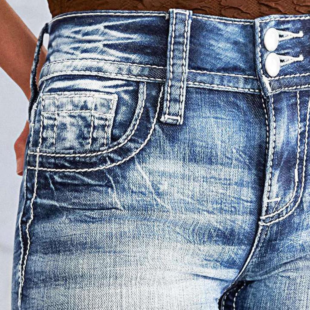 Fashion Women's Slim Fit Flared Casual High Waist  Blue Jeans With Pockets