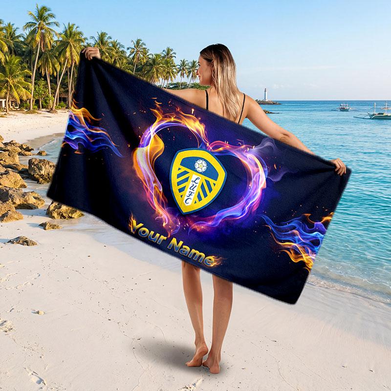 Leeds United Custom Beach Towel, Personalized Name Text Print, Football Logo Soft Quick‑Dry Towel Holiday Gift