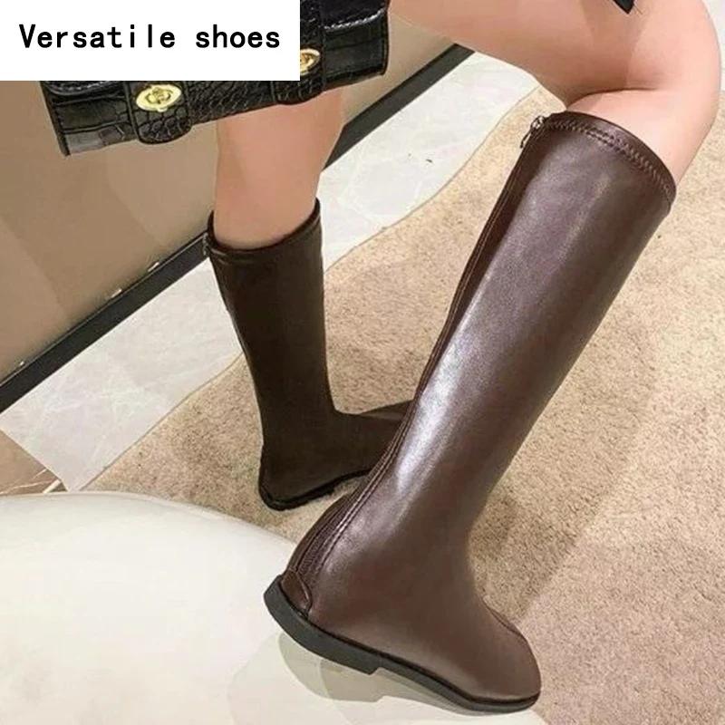 Street Style Stretch Damskie Wysokie Buty Do Kolan Modne Eleganckie Buty Z Kwadratowym Noskiem Damskie Nowoczesne Płaskie Długie Botki