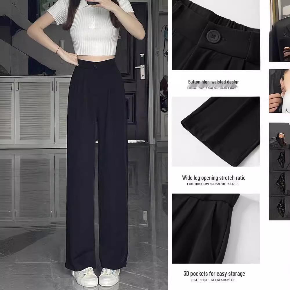 Women's High-Waist Black Drape Wide-Leg Pants - Summer 2025 Fashion, Loose Casual Petite Suit Trousers