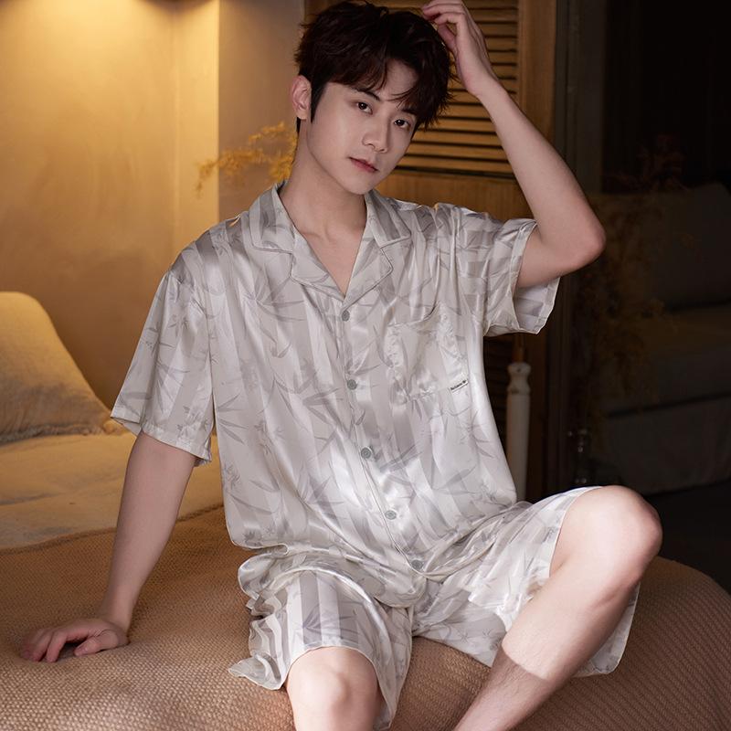 Pajamas men's ice silk summer short-sleeved shorts jacquard high-end simulation silk casual and comfortable men's loungewear suit