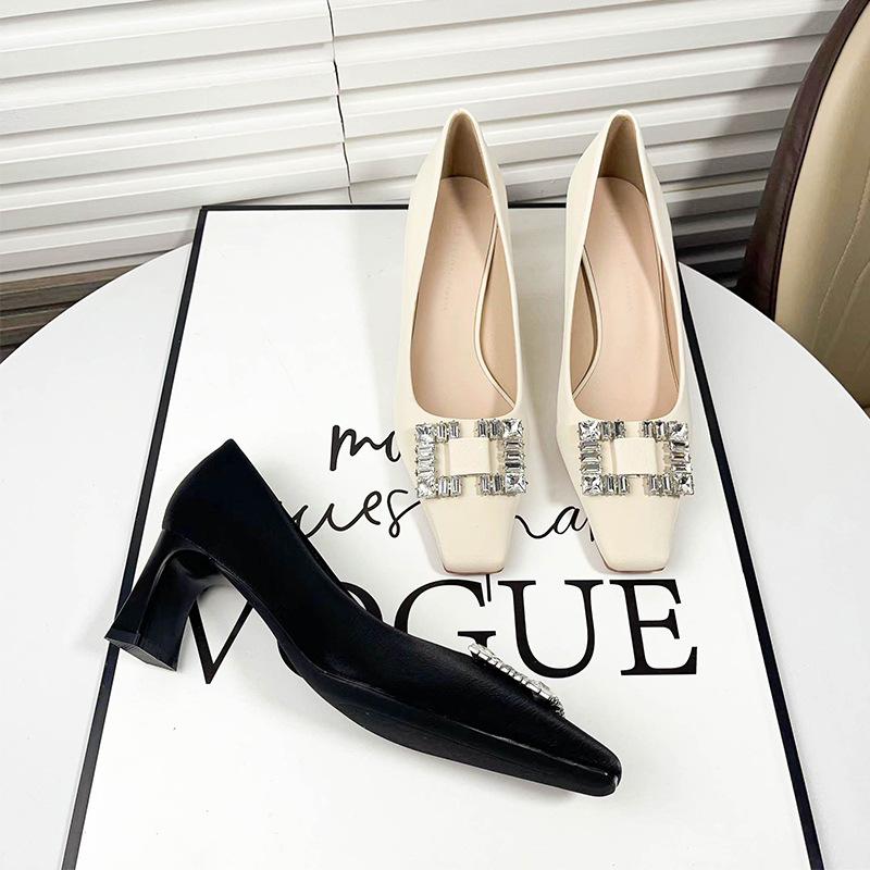 B temperament square head rhinestone high heels design sense shallow mouth square buckle one pedal lazy satin single shoes