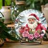 Vintage Santa Pink Roses Round Aluminum Sign 8x8 Inch Wall Decor Home Office Restaurant Holiday Gift