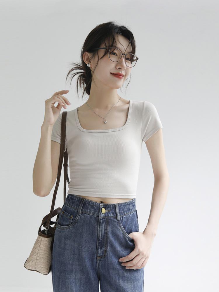Wireless Bra Integrated Modal Square Neck Cool T-Shirt with Chest Pad