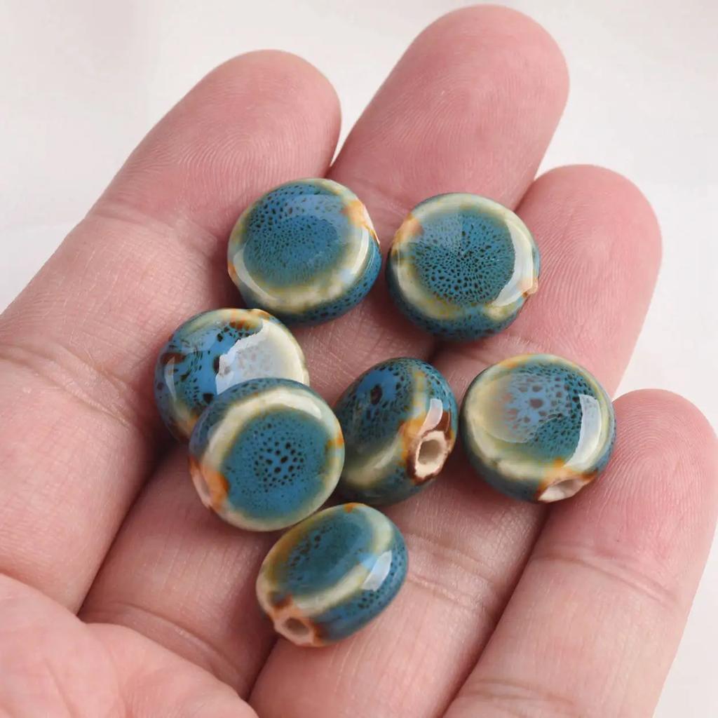 20pcs Flat Round 15mm Handmade Ceramic Porcelain Loose Spacer Beads Lot for Jewelry Making Accessories DIY Crafts Findings Creativity Beads