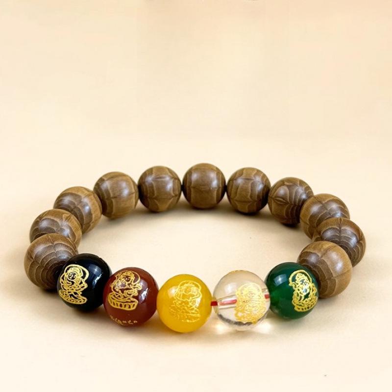Wutai Mountain Ethnic Style Dragon Wood Rosary Bracelet with Six Paths & Five Paths God of Wealth Beads.