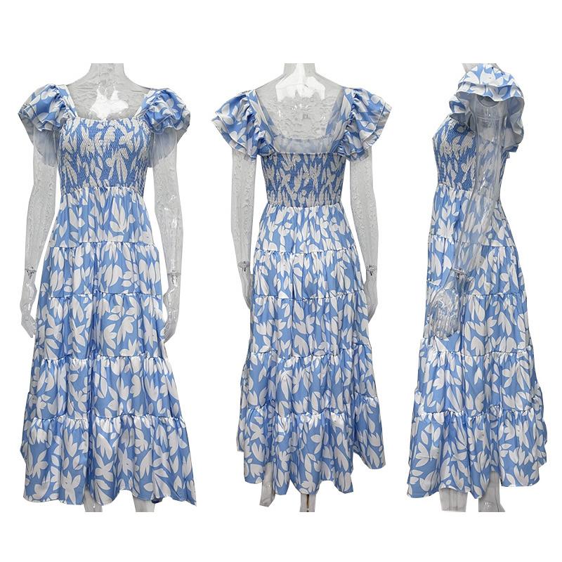 שמלת קיץ ארוכה לנשים מודפסת אמצע השוק קצר שרוולים מרובע צווארון שמלת קיץ