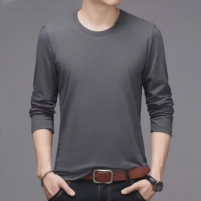 Men's White Long-Sleeve Solid Color T-Shirt, Spring/Autumn, Large Size