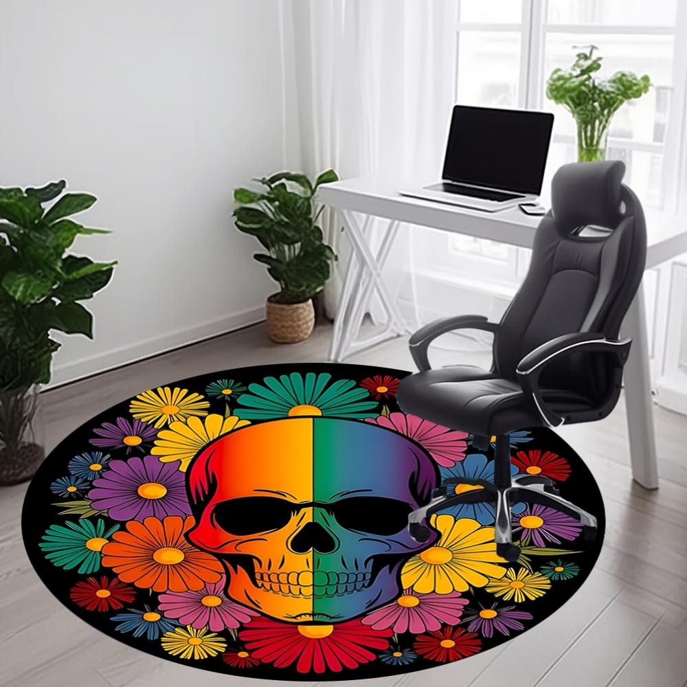 1pc Skull Flowers Chair Carpet for Office, Round Non Slip Durable Large Size Office Carpet, Suitable for Office