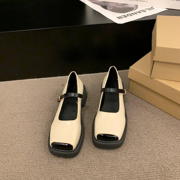 Mary Jane Shoes Female One Word Buckle with Thick Heel Shallow Mouth Single Shoes Female Retro Heightening Shoes